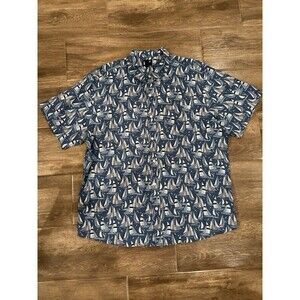 Men’s Linen Nautical Short Sleeve Short Size XL Button Up Blue Lands End Shirt